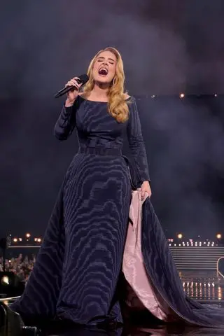 Adele performs onstage in Munich wearing a custom navy gown with a pink skirt underneath