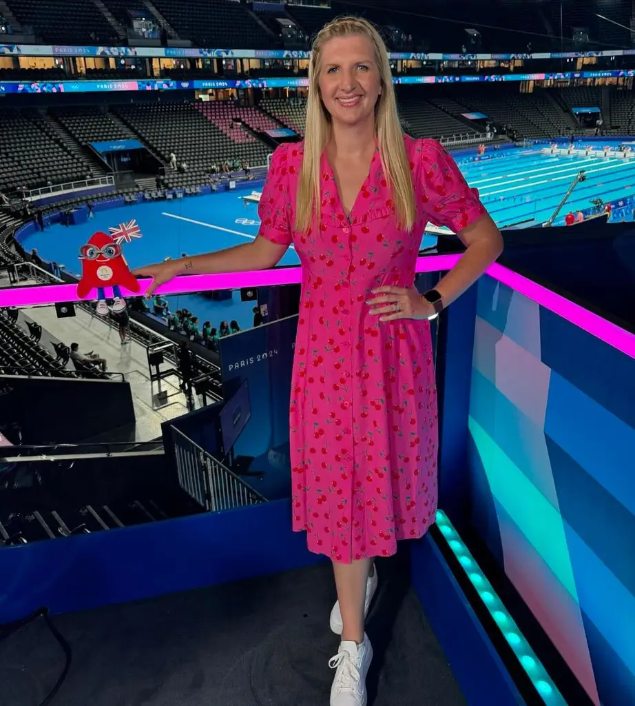 Rebecca Adlington wears pink cherry print dress from Kitri at the Olympics 2024