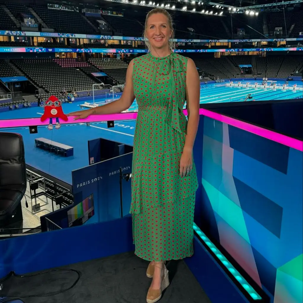 Rebecca Adlington looked stunning in her polka dot dress whilst commentating at the Olympics