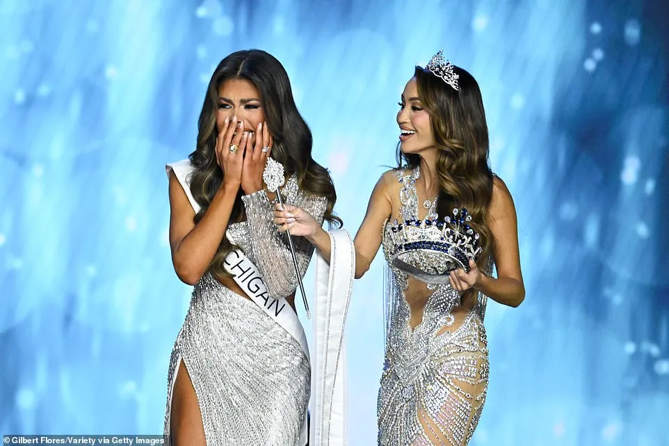 Miss USA 2023 Savannah Gankiewicz (R) - who replaced Noelia Vogit after she relinquished her title in May due to her mental health - passed the crown to the winner, Miss Michigan Alma Cooper (L)