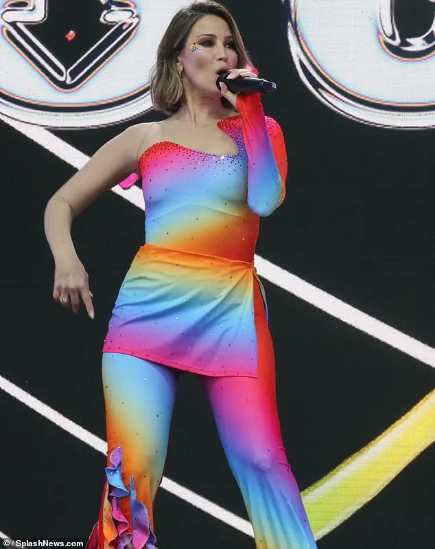 S Club took to the stage in tie-dye costumes at this year's Brighton Pride on Sunday, wowing the crowd with an energetic performance (Rachel pictured)