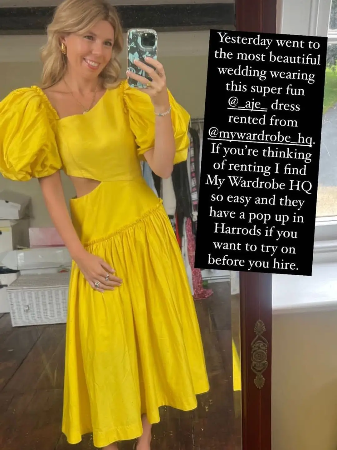 Carrie Johnson taking a selfie in a yellow cut-out dress