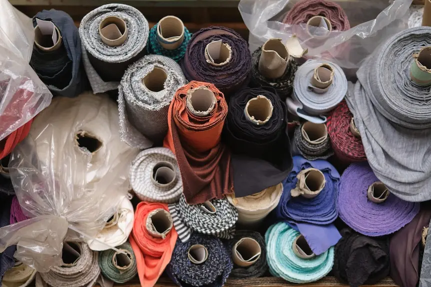 Rolls of fabric stacked on a shelf.