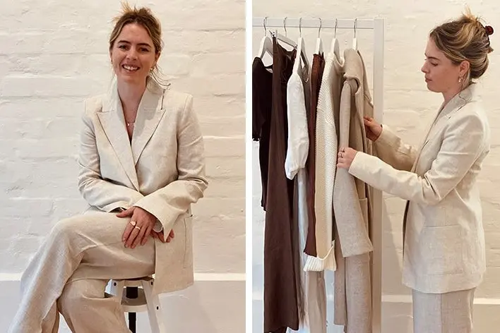 Composite of a smiling young woman in a suit. At left, she sits on a stool. At right, she looks through a rack of clothing.