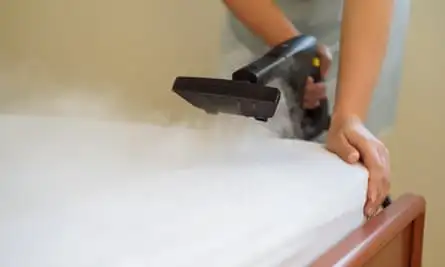 A person using a steam cleaner on what appears to be a sheet on a bed