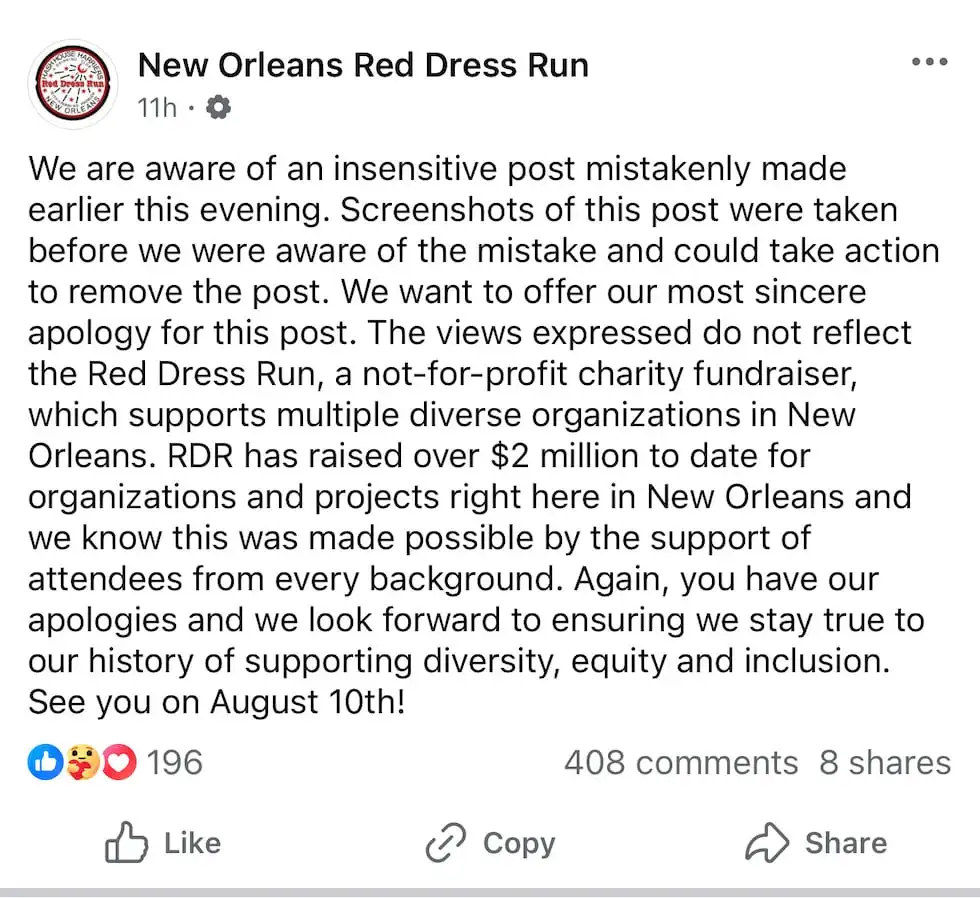 Red Dress Run releases a statement following the controversial Facebook post.