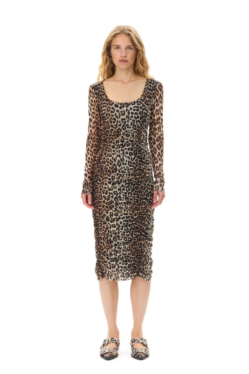 Ruched Midi Dress with Leopard Print on Mesh