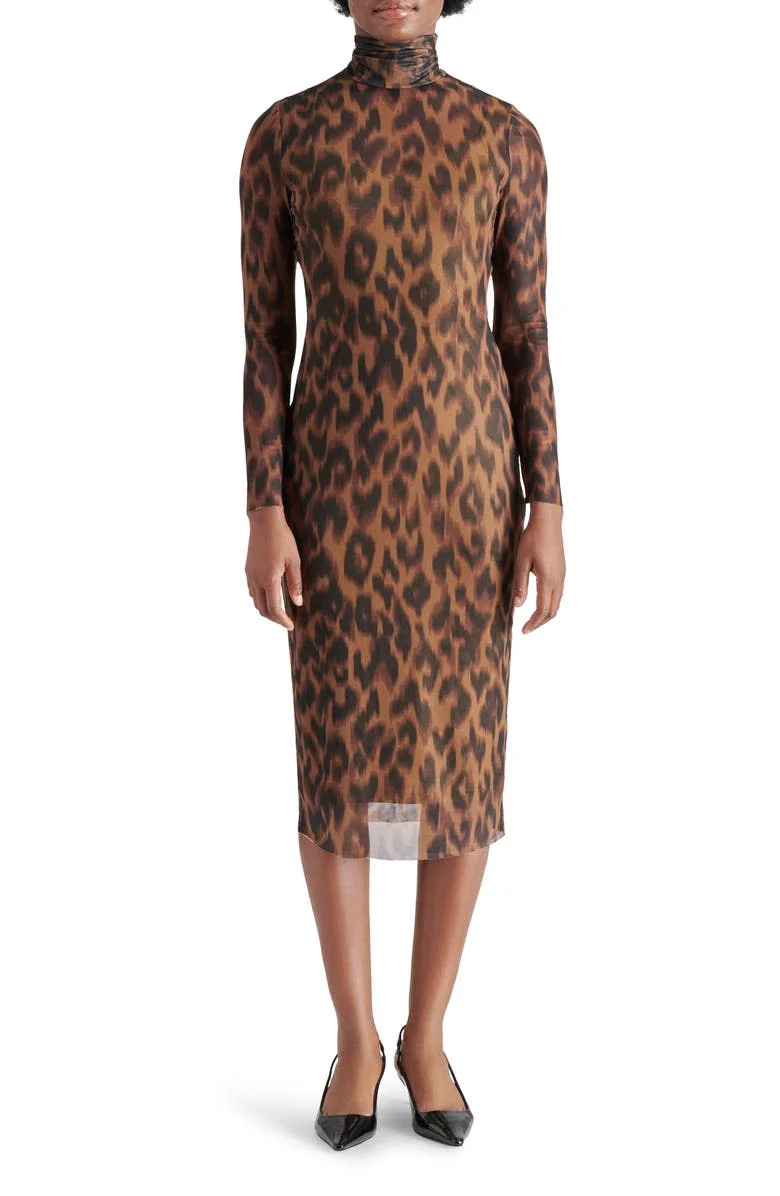 Long-sleeve, mesh midi dress by Vivienne Static Leopard Print