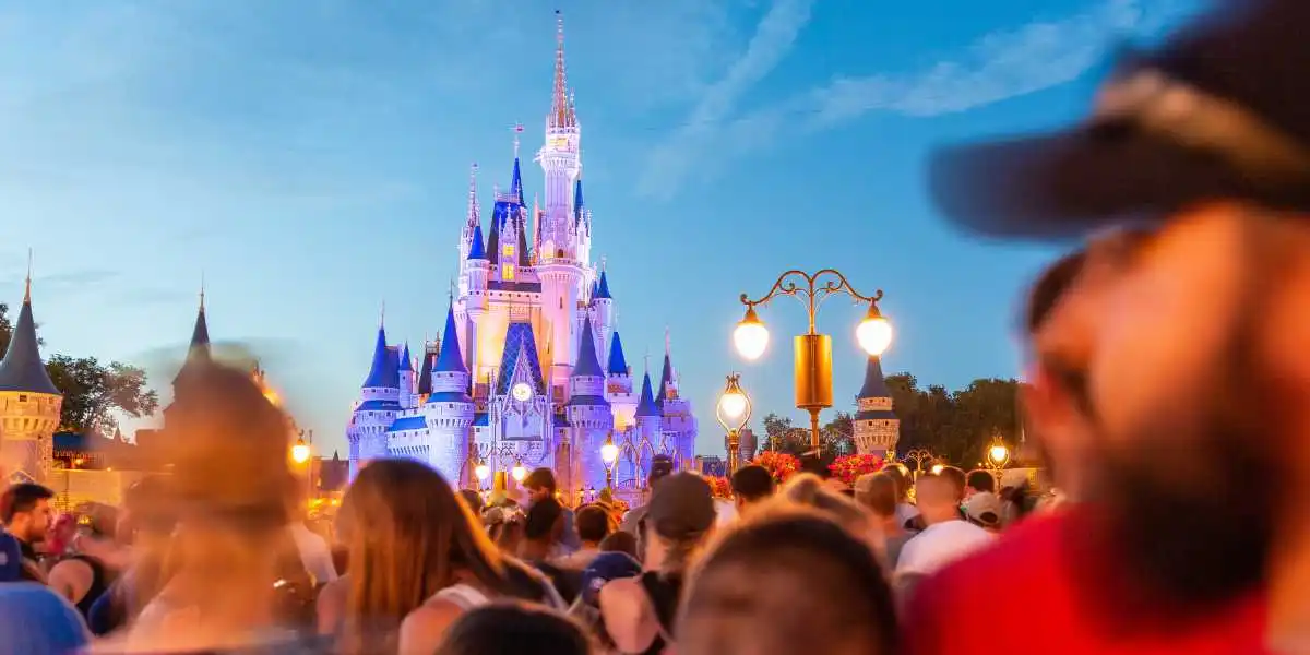 Guests in front of Cinderella Castle at night