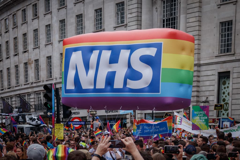 An NHS banner seen during a Pride in London parade.