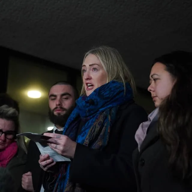 Brianna Ghey's mother Esther Ghey making a statement to the waiting media outside Manchester Crown Court, after a boy and a girl, both 16, have been found guilty of the murder of the teenager in a park in Culcheth, near Warrington. Brianna, 16, was stabbed with a hunting knife 28 times in her head, neck, chest and back after being lured to Linear Park on the afternoon of February 11. Picture date: Wednesday December 20, 2023. PA Photo. See PA story COURTS Warrington. Photo credit should read: Peter Byrne/PA Wire