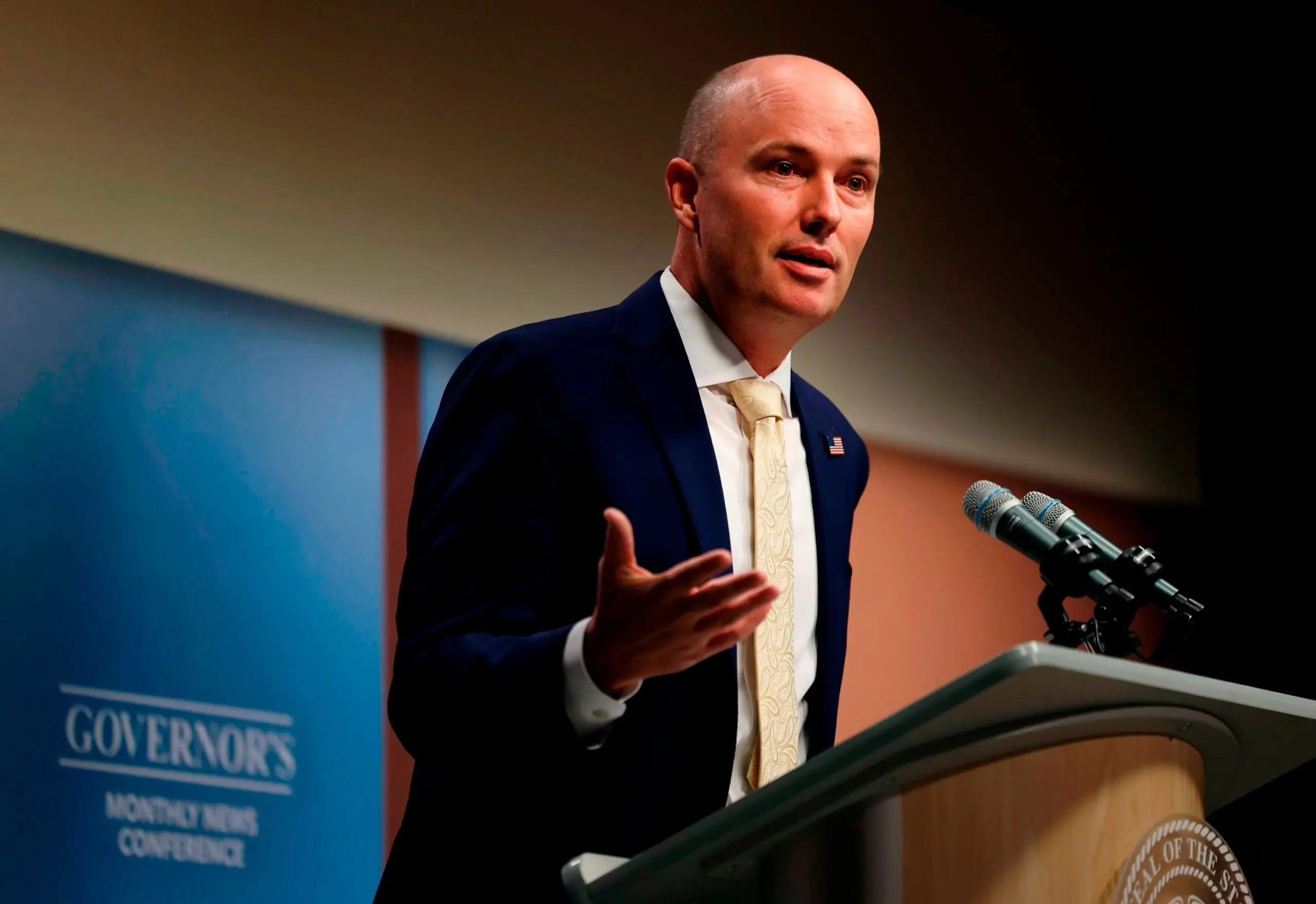 PHOTO: Utah Gov. Spencer Cox speaks at the PBS Utah Governor's Monthly News Conference at the Eccles Broadcast Center in Salt Lake City, Oct. 19, 2023.