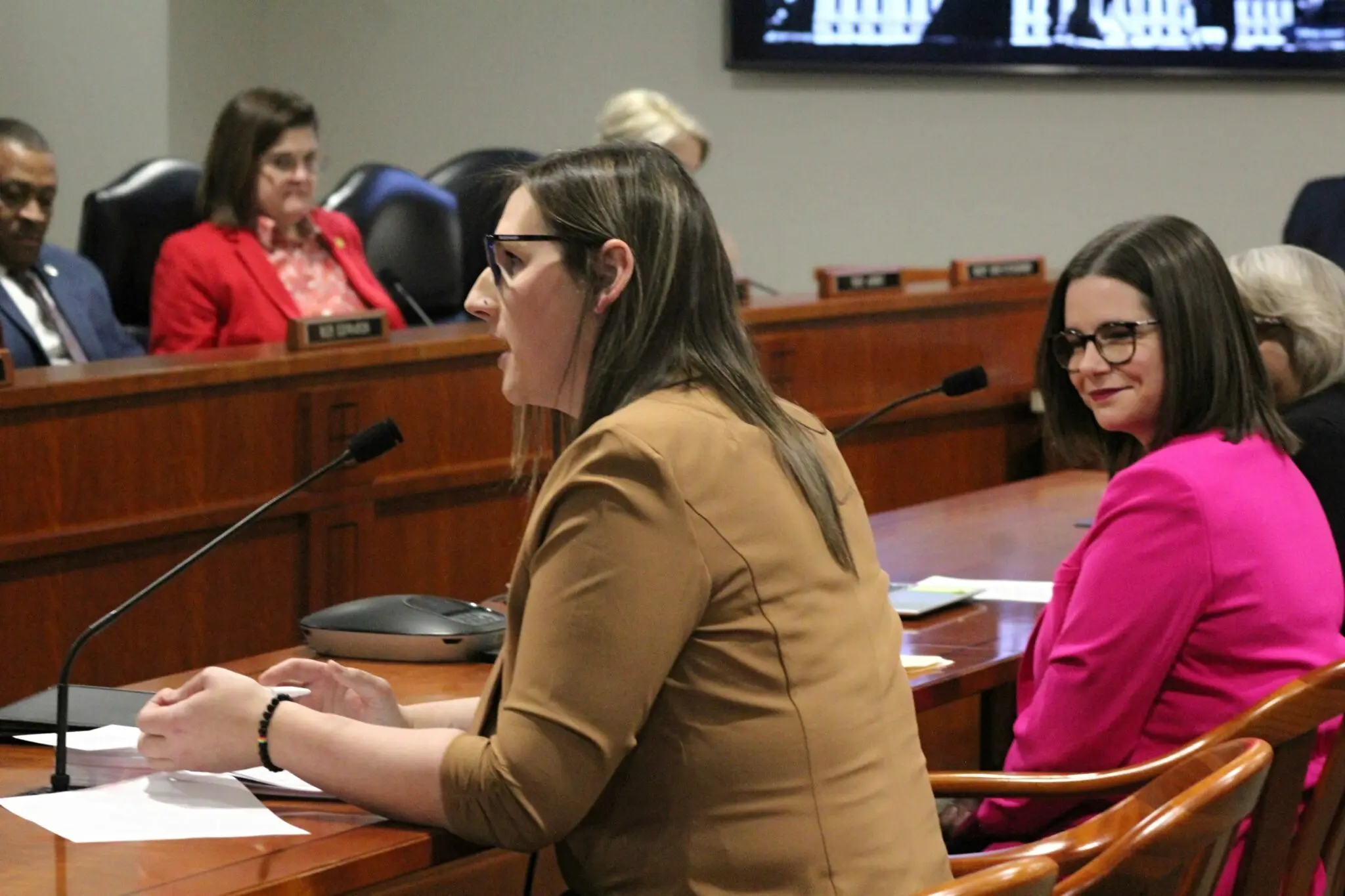 Rep. Laurie Pohutsky (D-Livonia ) ( right ) listens as Emme Zanotti, director of advocacy and civic engagement at Equality Michigan ( left ), speaks at a meeting of the Michigan State House Judiciary Committee on February 7, 2024. Anna Liz Nichols, a picture