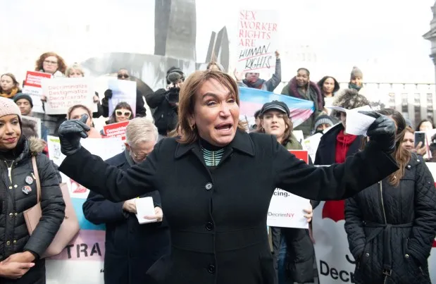 Cecilia Gentili, middle, a member of DecrimNY speaks at a DecrimNY rally at Foley Square Monday, February 25, 2019 in Manhattan, New York. (Barry Williams for New York Daily News)