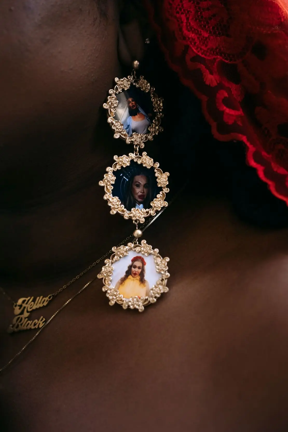 Jari Jones' funeral ensemble featured earrings depicting Gentili.