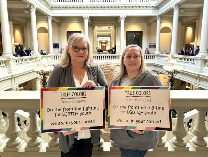 Beverly Wynne (left), Andrea Kramer (right), members of True Colors Collective inside the Georgia State Capitol on February 6, 2024.