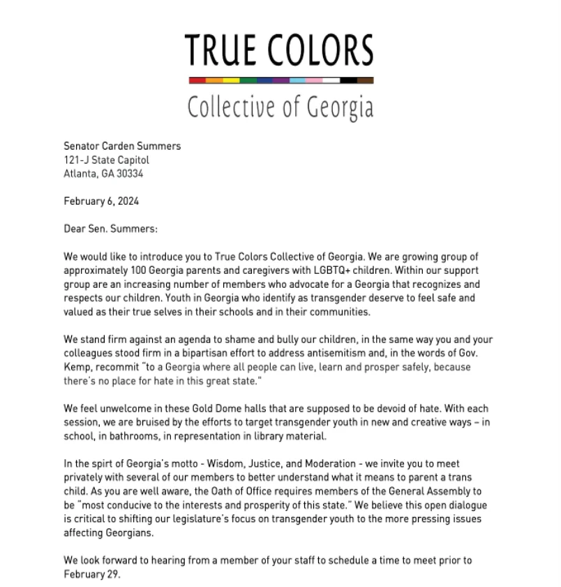 True Colors Collective of Georgia, letter to Senator Carden Summers