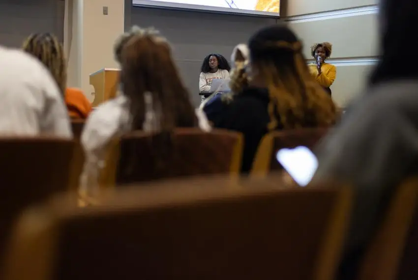 Aaliyah Barlow helps to lead the Black Student Alliance meeting at the University of Texas at Austin on Feb. 19, 2024.