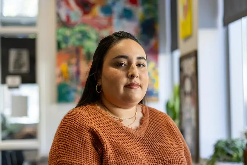 Kelly Solis poses for a photo in the former Multicultural Engagement Center on Feb. 20, 2024. Solis is a senior at the University of Texas at Austin and Co-director of the Latinx Community Affairs organization.