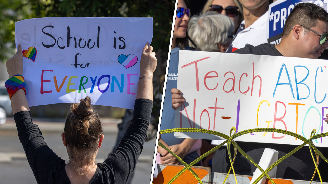 Protesters outside a school board gathering in Glendale, California, on June 20, 2023. ( David McNew/Getty Images )