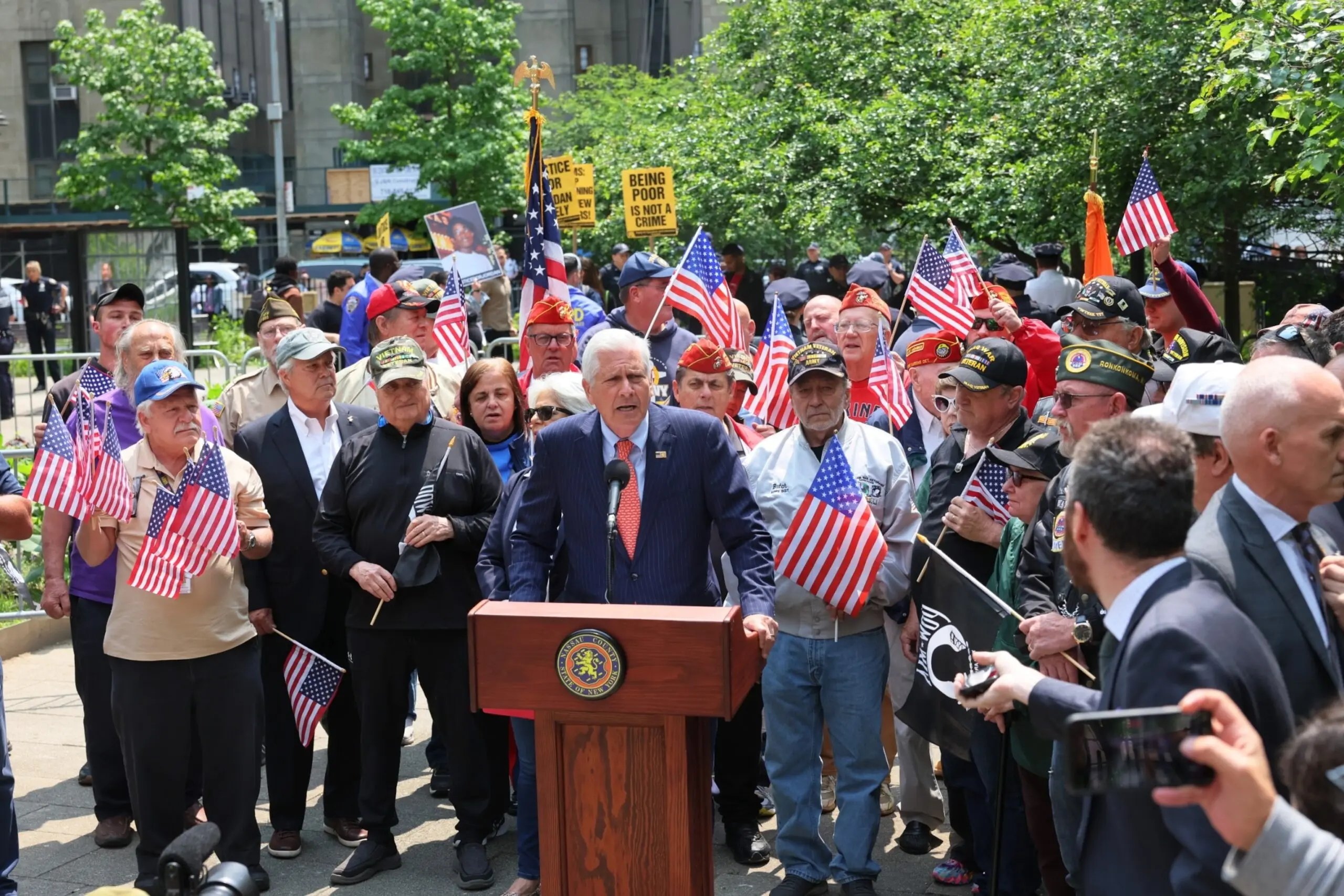 PHOTO: Nassau County Executive Bruce A Blakeman speaks during a rally in support of Daniel Penny at Collect Pond Park on May 24, 2023 in New York City.