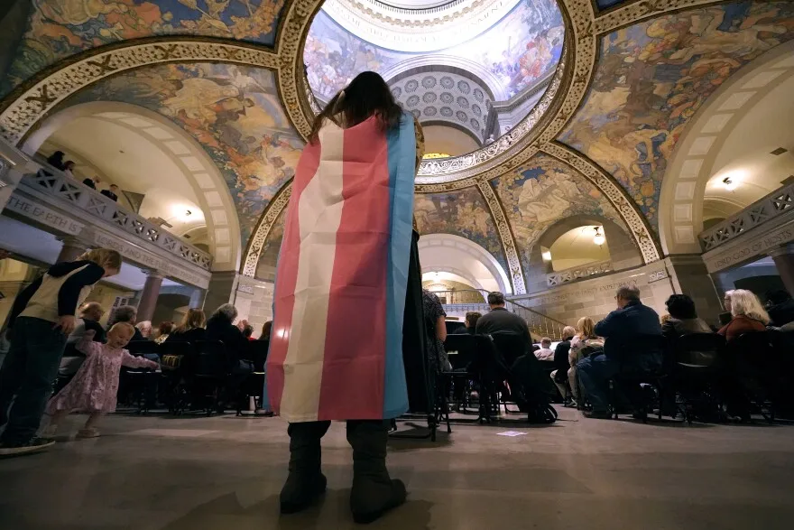 On March 20, 2023, Glenda Starke protests in favor of a ban on gender-affirming health care policy at the Missouri Statehouse in Jefferson City, Missouri.