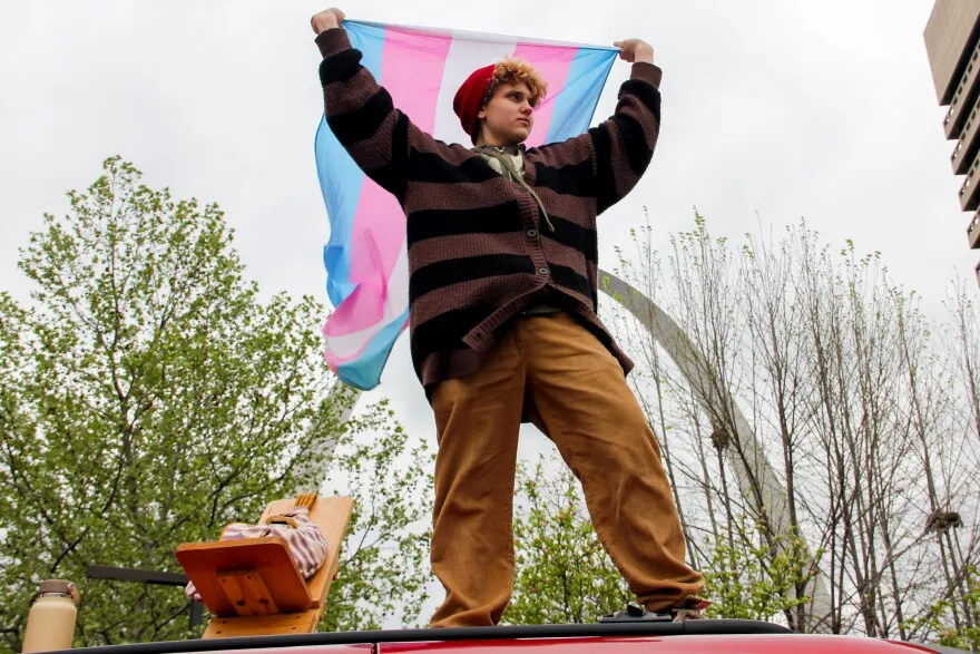 Demonstrators take to the streets to protest policy and rhetoric targeting transgender people on Sunday, April 16, 2023, in downtown St. Louis.