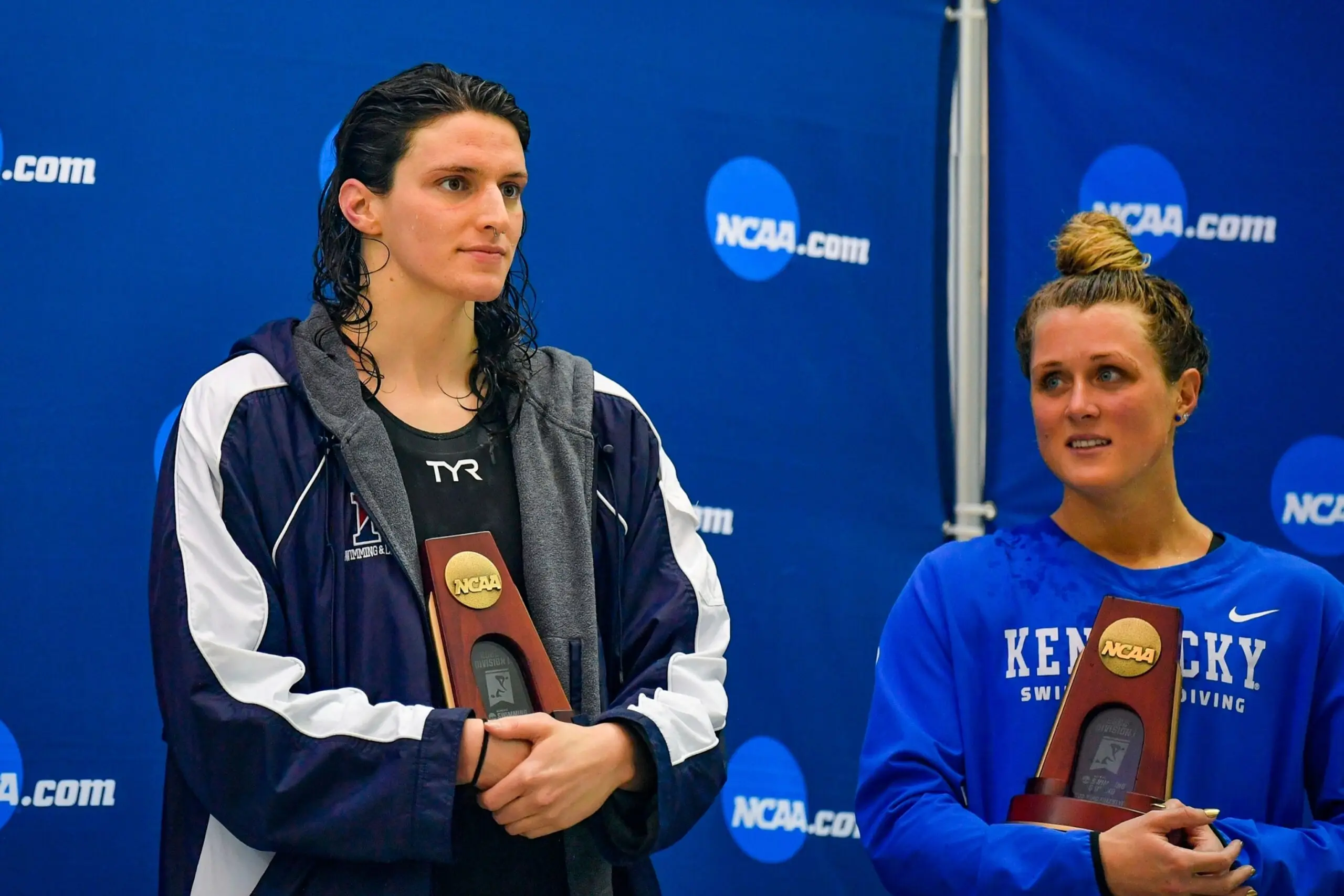 PHOTO: In this March 18, 2022, file photo, swimmers Lia Thomas and Riley Gaines react after finishing tied for 5th in the 200 Freestyle finals at the NCAA Swimming and Diving Championships, at the McAuley Aquatic Center in Atlanta.