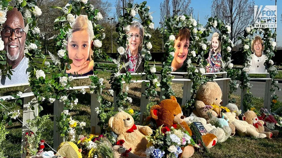 Memorials for the six victims who were killed in a mass shooting are placed outside of The Covenant School