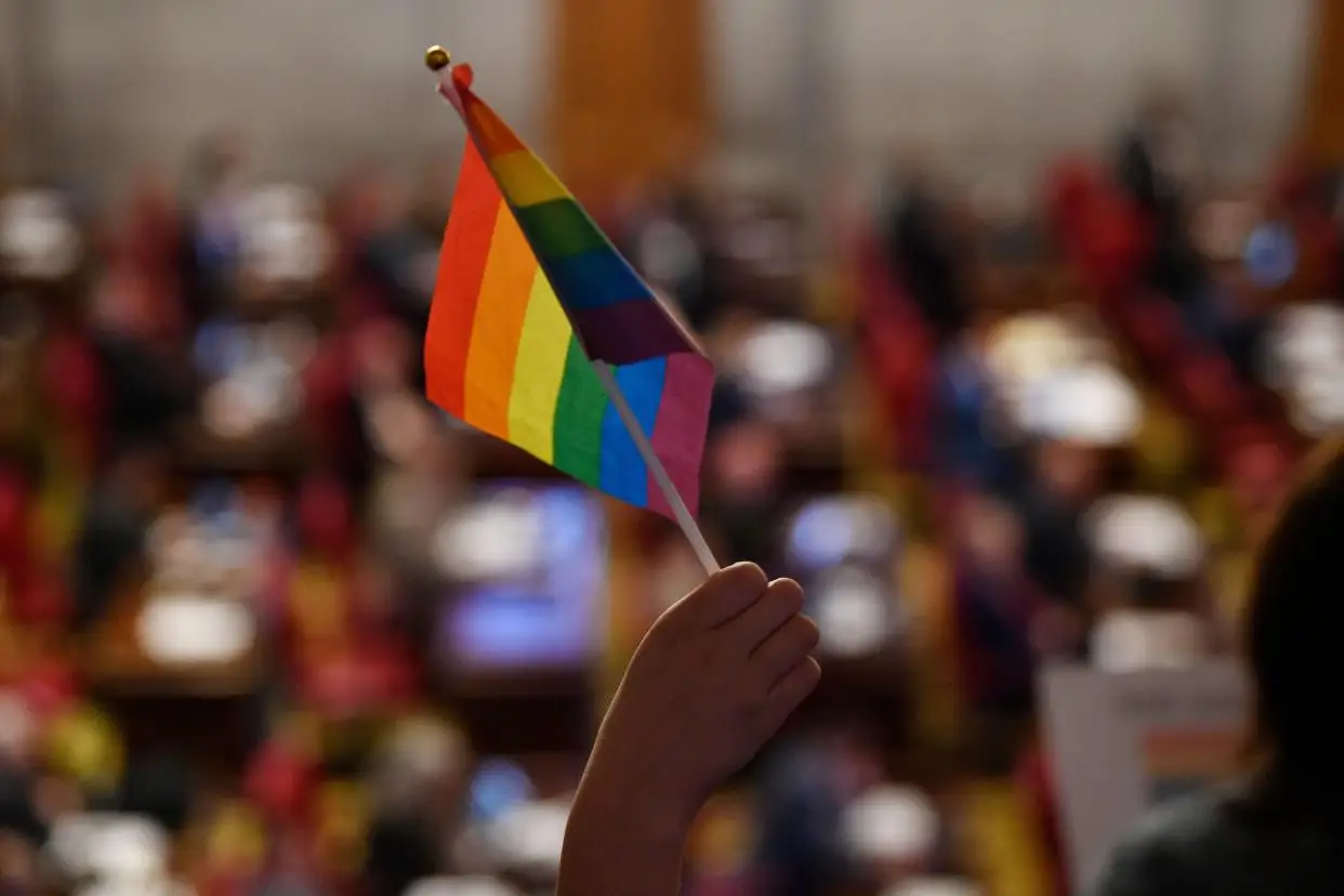 A young protester holds up a pride flag as Rep. Gino Bulso R- Brentwood, argues in favor of his bill during a House session at the State Capitol building in Nashville, Tenn., Monday, Feb. 26, 2024.