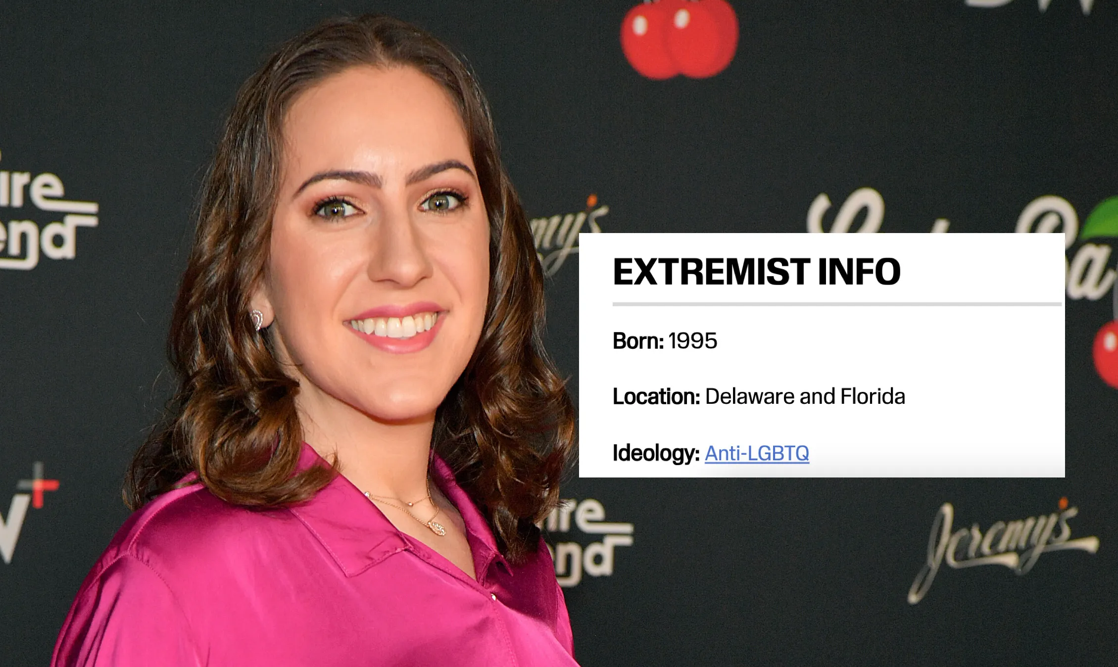 Image shows Chaya Raichik smiling, with her listing as an extremist superimposed to her right