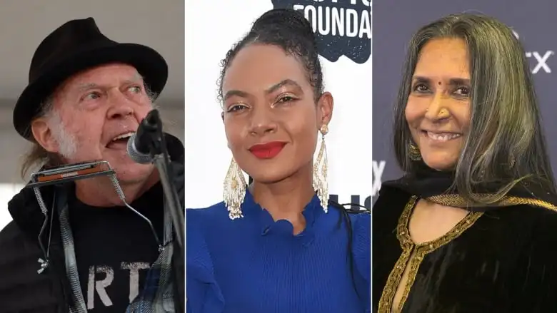 A composite image showing Neil Young, Allison Russell and Deepa Mehta.