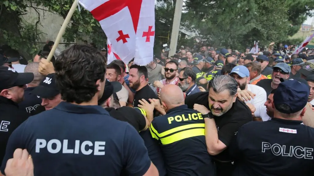 A far-right mob stormed a Pride festival in Tbilisi, Georgia, in July 2023 clashing with police and forcing organizers to cancel the event.. (Photo courtesy of AFP via Getty Images)