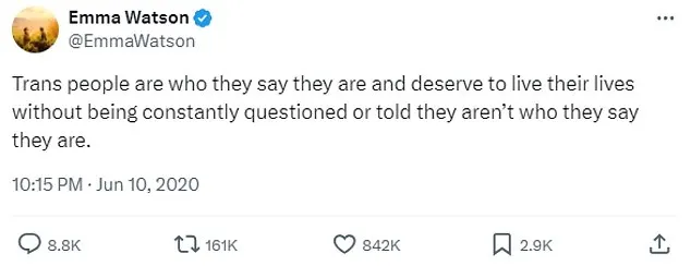 Watson has repeatedly spoken out in favour of trans rights both before (top) and after (bottom) Rowling's comments in June 2020