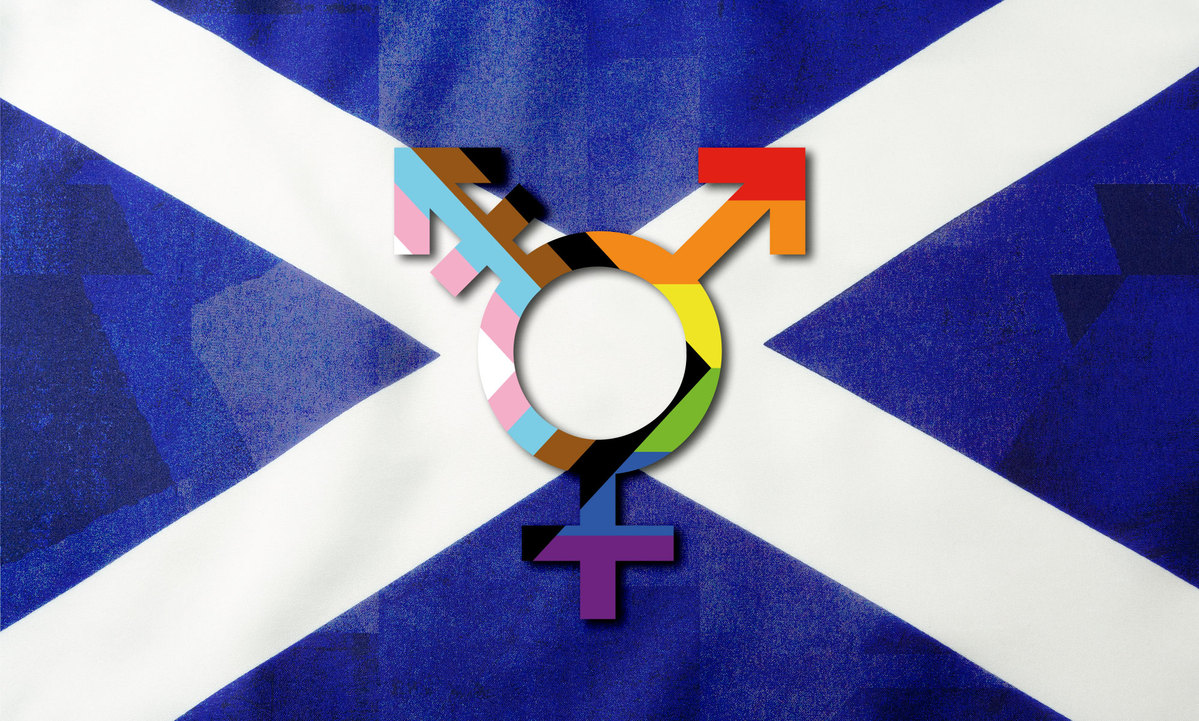 Scotland's flag with an LGBTQ+ symbol in the forefront