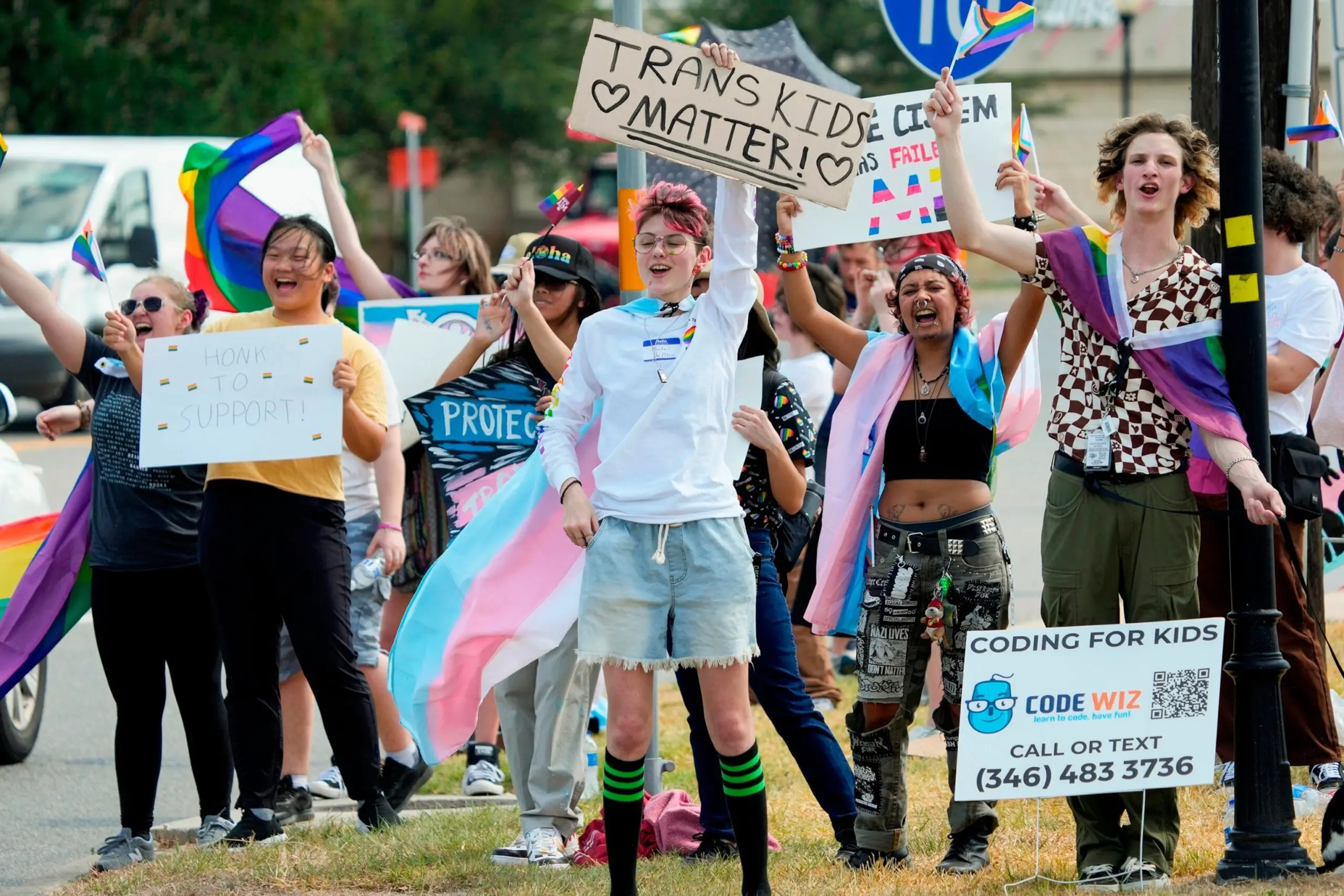 PHOTO: In this Aug. 30, 2023, file photo, students protest against Katy ISD's new transgender policy outside the school district's educational support complex, in Katy, Texas.