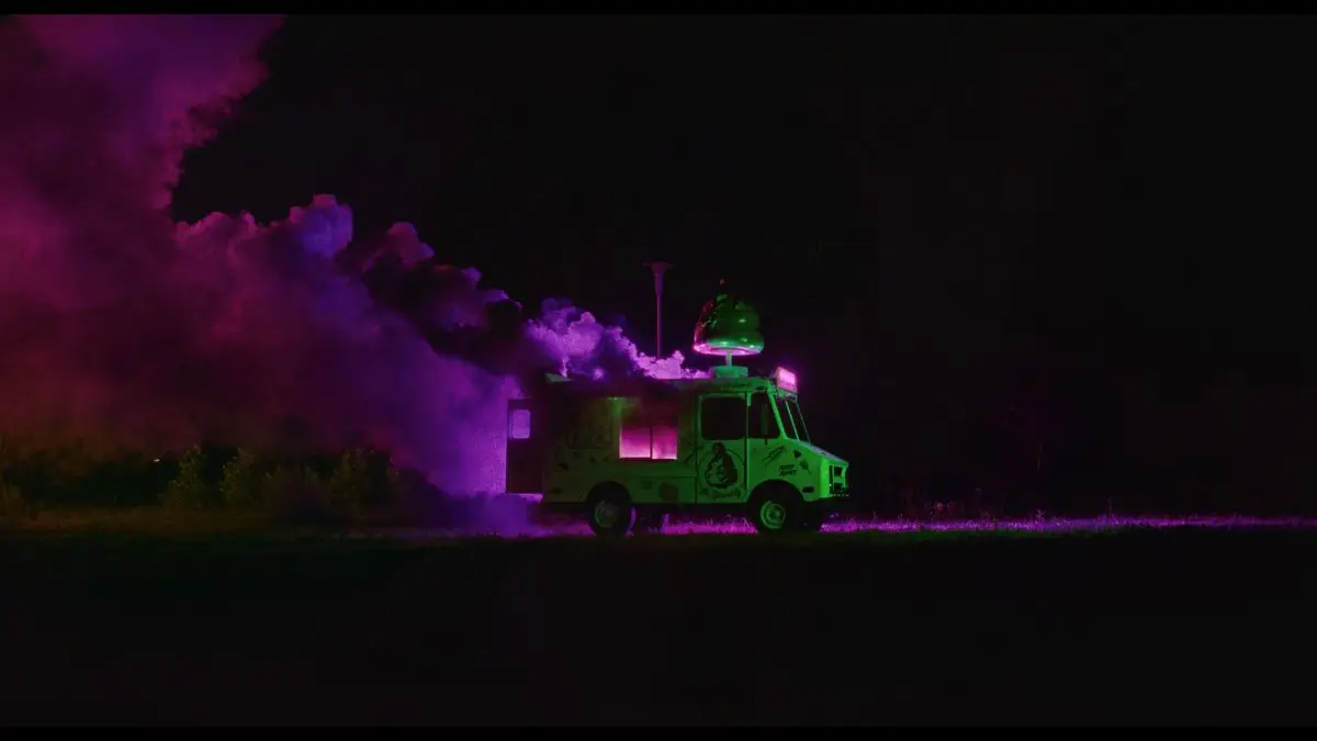 Purple smoke rises out of an ice cream truck in I Saw the TV Glow