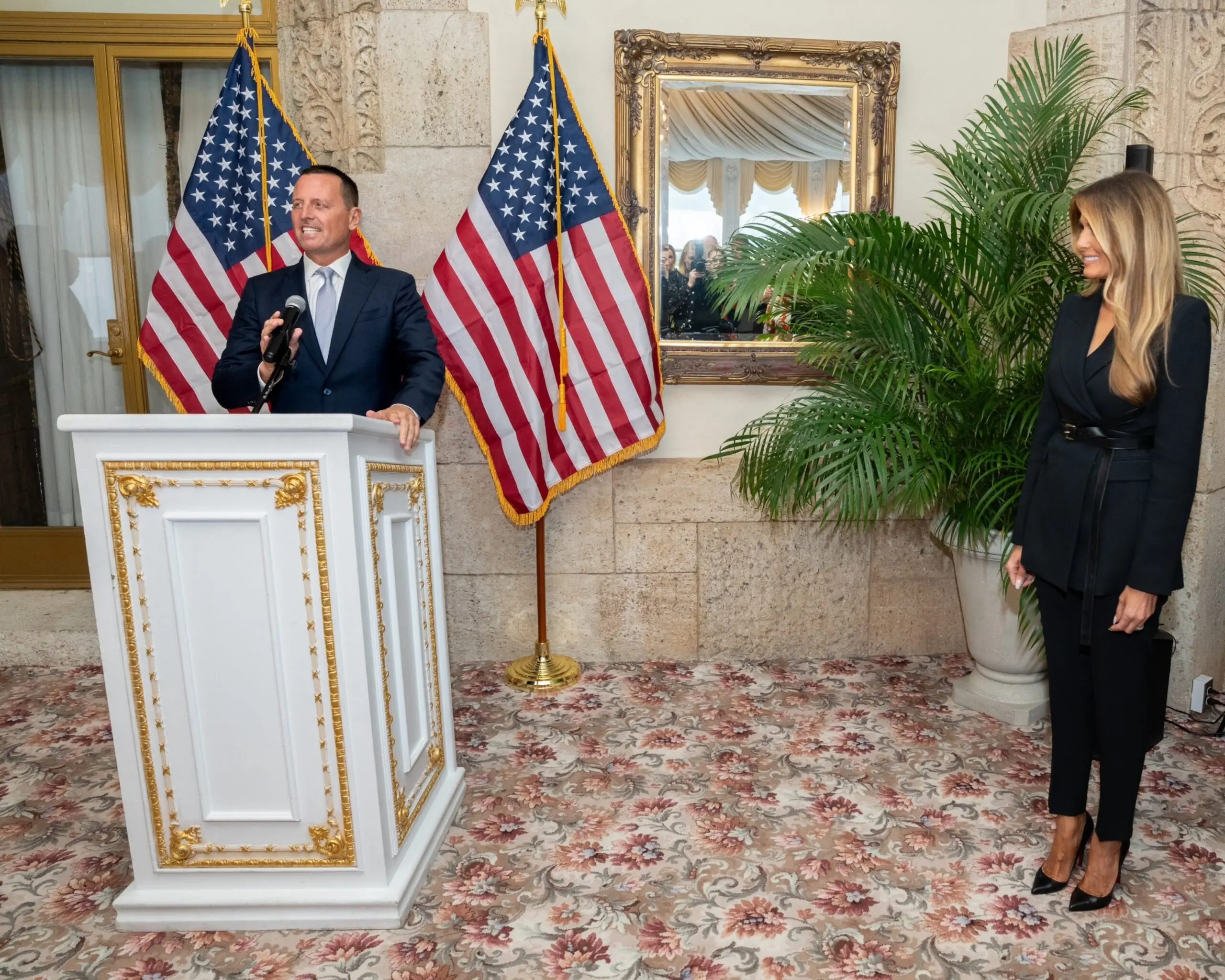 PHOTO: Former U.S. ambassador to Germany and acting director of National Intelligence Richard Grenell speaks at Log Cabin Republicans fundraiser with former First Lady Melania Trump at Mar-a-Lago.