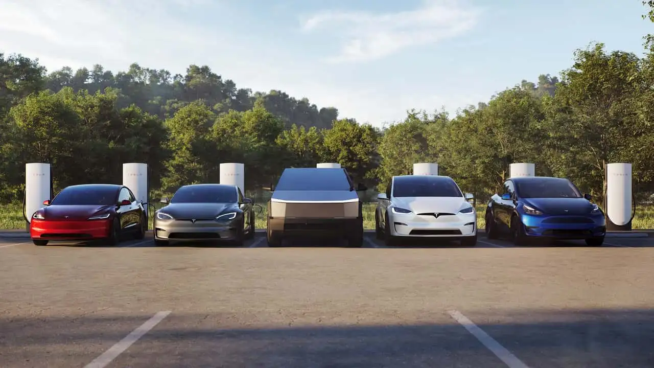 Tesla EVs at V4 Supercharging station. From left: Model 3, Model S, Cybertruck, Model X and Model Y