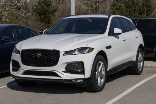 Jaguar F-Pace P250 display at a dealership. Jaguar offers the F-Pace in P250 and P400 models. MY:2023