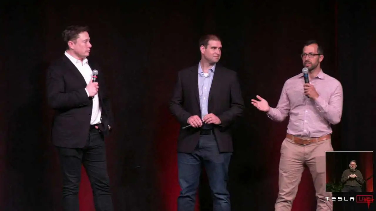 from left: Elon Musk, J. B. Straubel, Drew Baglino at Tesla Annual Shareholders Meeting in June 2019