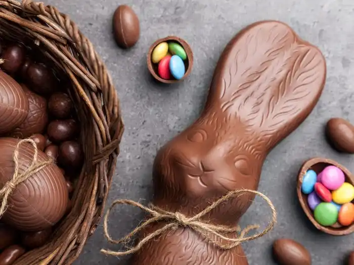 Chocolate Easter bunny and candy.