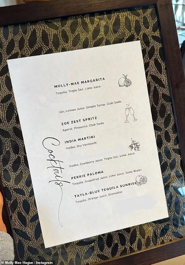 They enjoyed their own personalised cocktail menu, with the influencer’s being the ‘Molly-Mae margarita’ and her sister’s the ‘Zoe zest spritz’