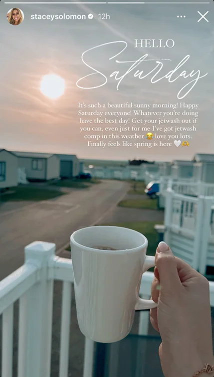 Stacey enjoyed a brew as she soaked up the surroundings from her caravan balcony