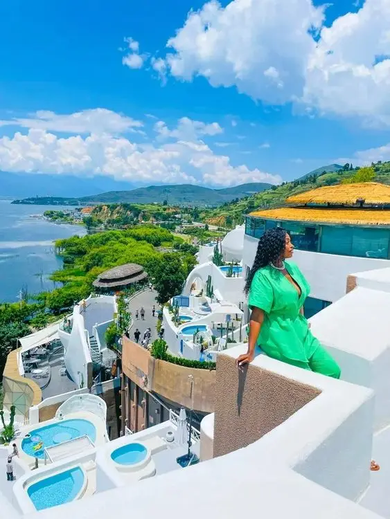 The 'fake Santorini' even has the island's weather - sunny skies and strong winds