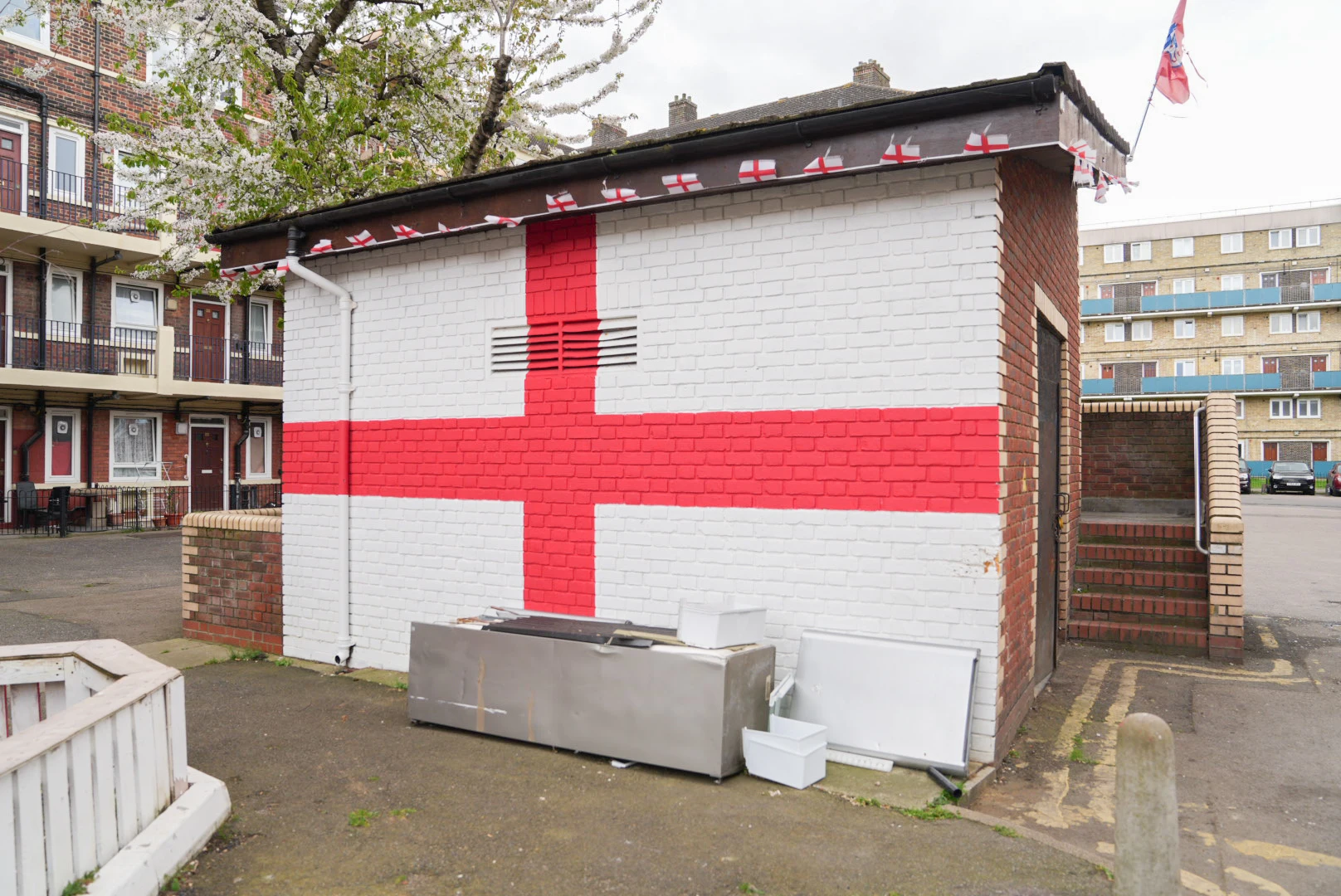 Flags and bunting on the Kirby Estate