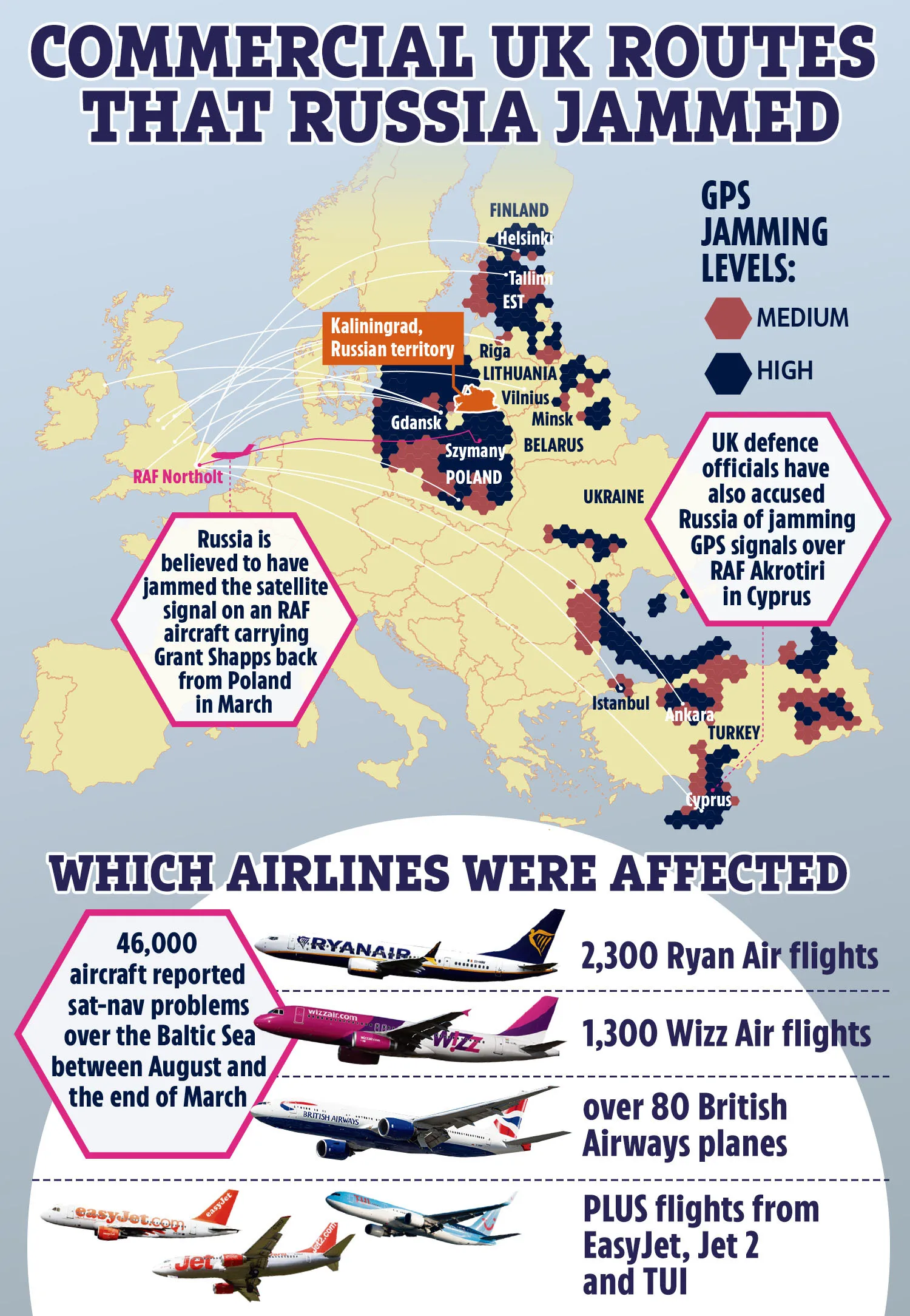 A map showing the flights where Russian jamming is suspected to have taken place