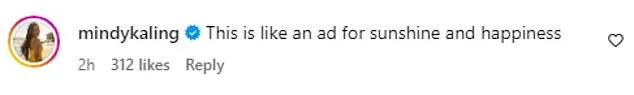 Her post appeared to be well-received among her followers, with actress Mindy Kaling even commenting that it was 'like an ad for sunshine and happiness'