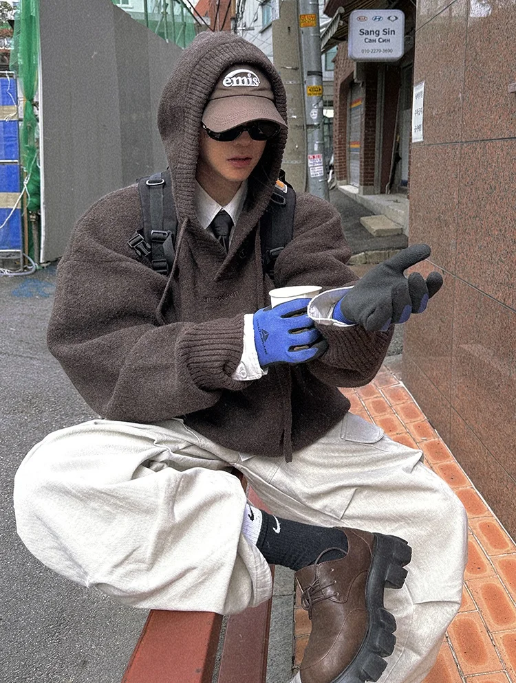 Korean Mens Winter Fashion: Oversized Knit Hoodie in Brown: Relaxed and Modern