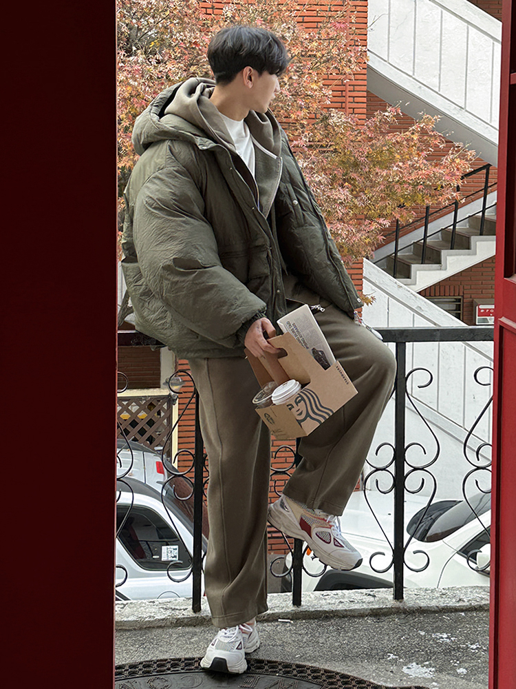 Korean Mens Winter Fashion: Oversized Olive Green Puffer: Warmth with a Modern Twist